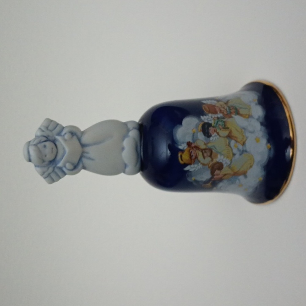 2/$20 1992 Avon Heavenly Notes Porcelain Christmas Bell Cobalt Gold Trim
